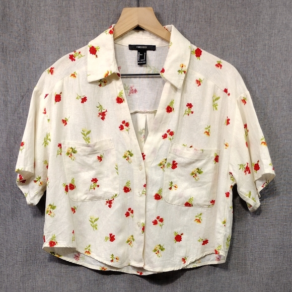 Forever 21 Tops - Forever 21 Linen Blend  Floral Button Up Shirt Womens S White Red Cottagecore
